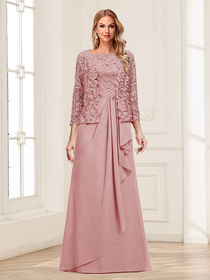 Lace Chiffon Square Neck 3/4 Sleeves 2 Pieces Mother of the Bride Dresses with Appliques &amp; Jacket