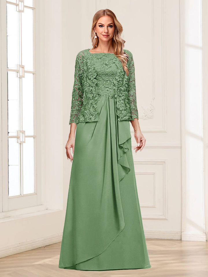 Lace Chiffon Square Neck 3/4 Sleeves 2 Pieces Mother of the Bride Dresses with Appliques &amp; Jacket