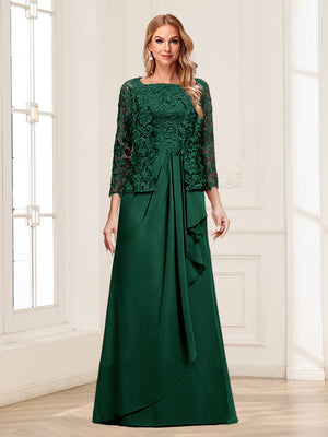 Lace Chiffon Square Neck 3/4 Sleeves 2 Pieces Mother of the Bride Dresses with Appliques & Jacket