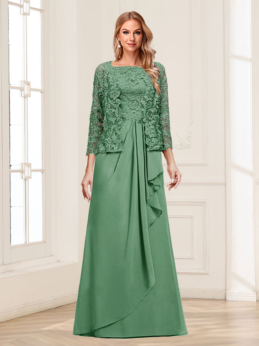 Lace Chiffon Square Neck 3/4 Sleeves 2 Pieces Mother of the Bride Dresses with Appliques &amp; Jacket