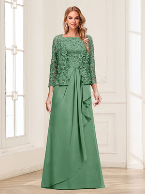 Lace Chiffon Square Neck 3/4 Sleeves 2 Pieces Mother of the Bride Dresses with Appliques & Jacket