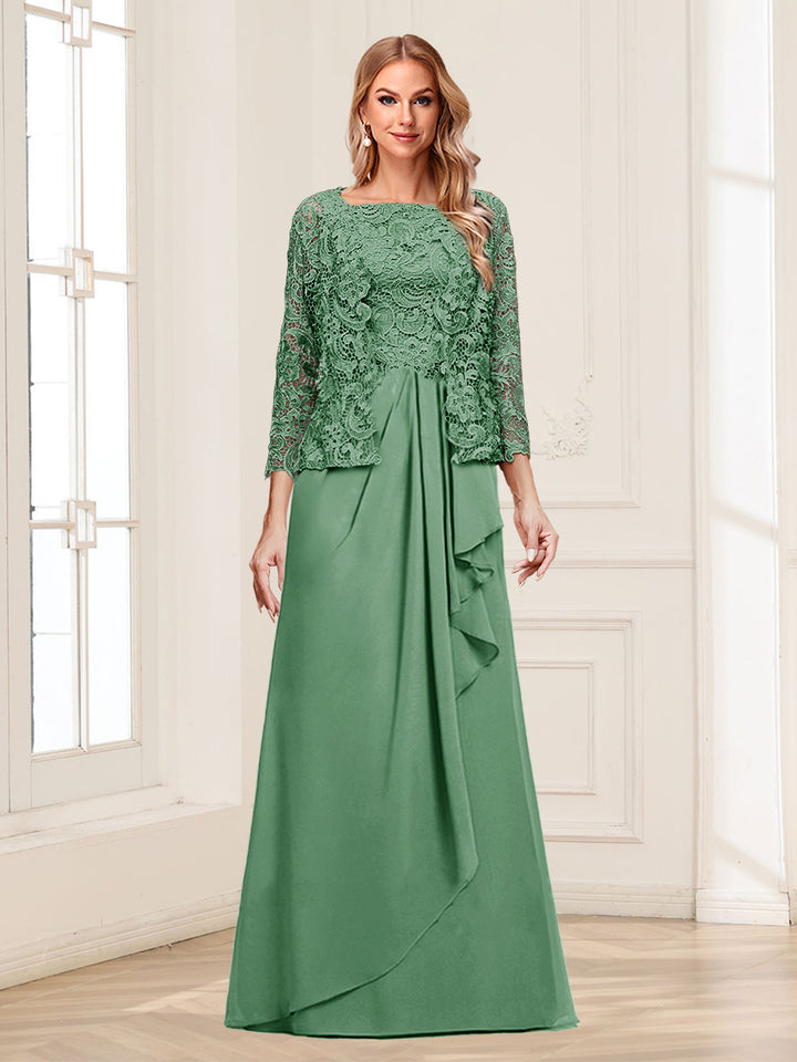 Lace Chiffon Square Neck 3/4 Sleeves 2 Pieces Mother of the Bride Dresses with Appliques &amp; Jacket