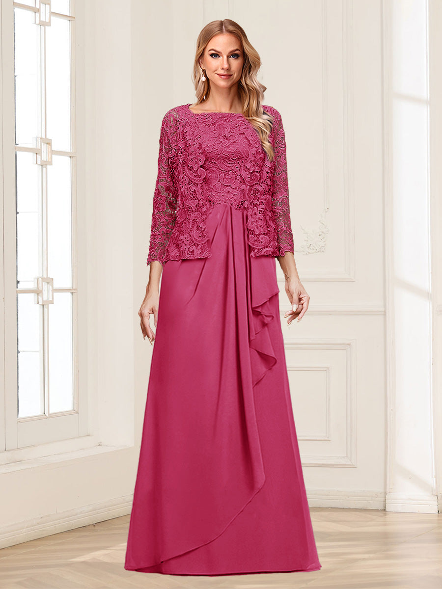 Lace Chiffon Square Neck 3/4 Sleeves 2 Pieces Mother of the Bride Dresses with Appliques &amp; Jacket