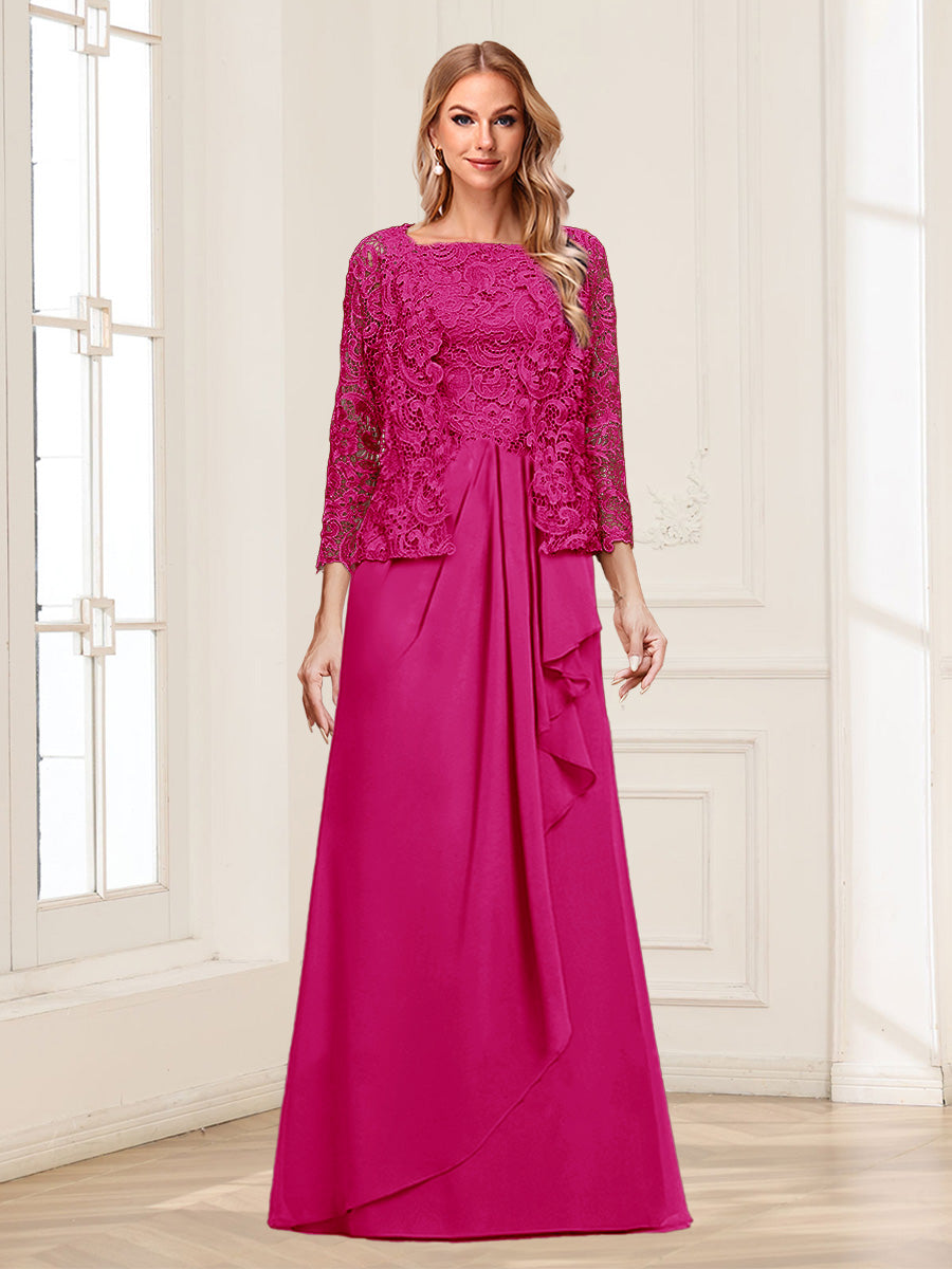 Lace Chiffon Square Neck 3/4 Sleeves 2 Pieces Mother of the Bride Dresses with Appliques &amp; Jacket