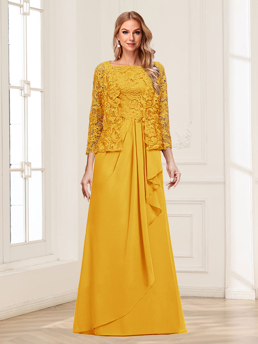 Lace Chiffon Square Neck 3/4 Sleeves 2 Pieces Mother of the Bride Dresses with Appliques &amp; Jacket