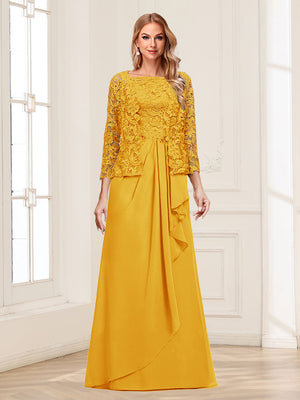 Lace Chiffon Square Neck 3/4 Sleeves 2 Pieces Mother of the Bride Dresses with Appliques & Jacket