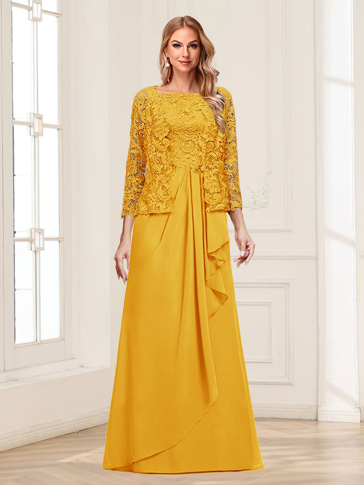 Lace Chiffon Square Neck 3/4 Sleeves 2 Pieces Mother of the Bride Dresses with Appliques &amp; Jacket