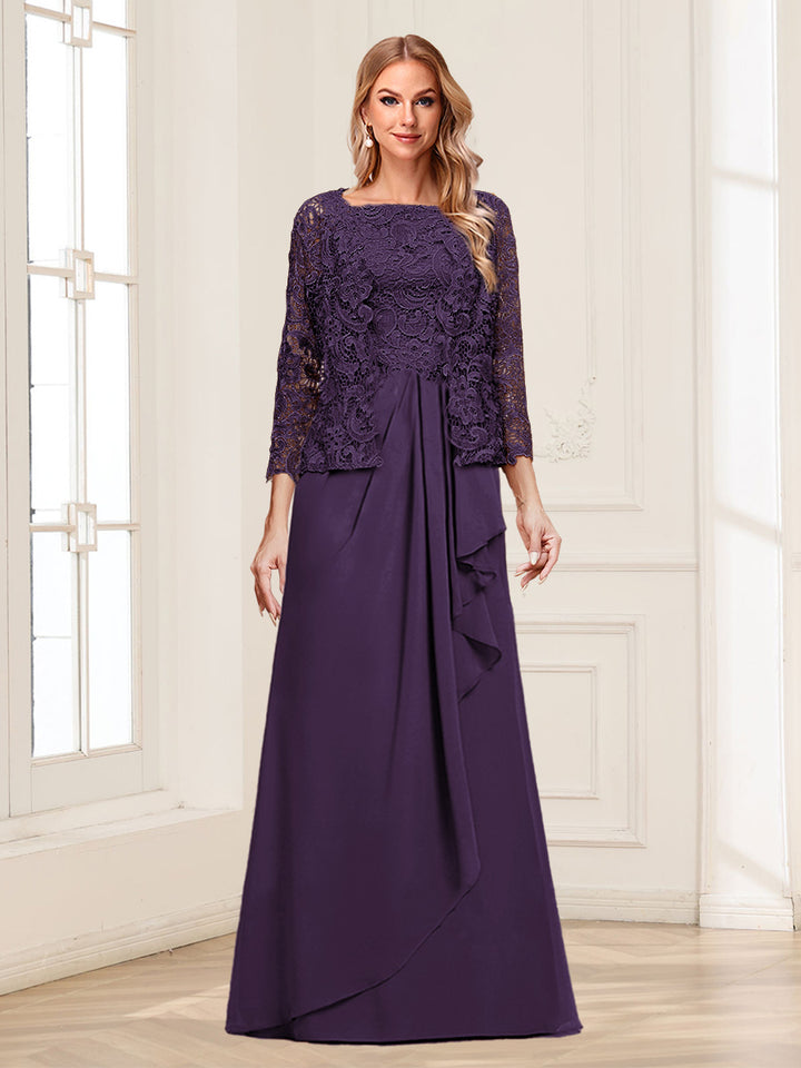 Lace Chiffon Square Neck 3/4 Sleeves 2 Pieces Mother of the Bride Dresses with Appliques &amp; Jacket