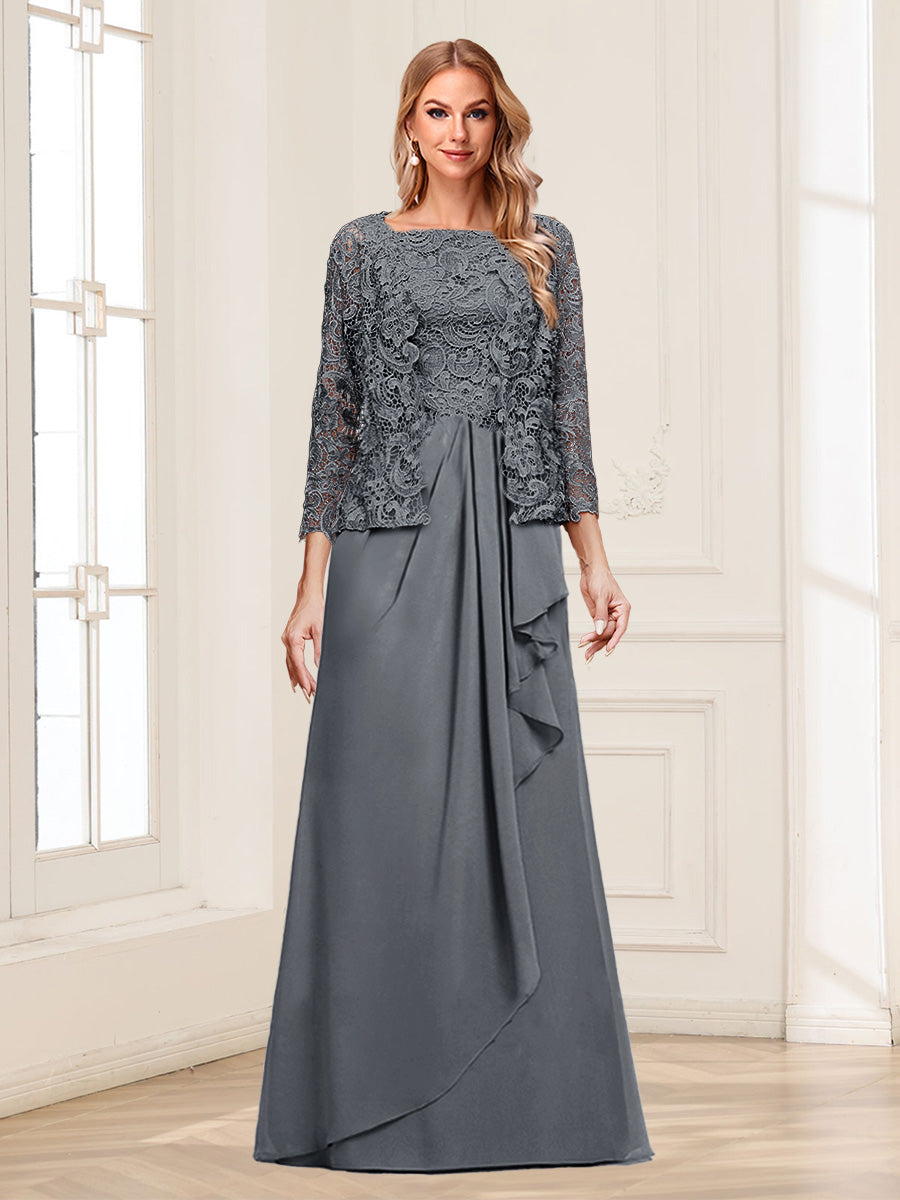 Lace Chiffon Square Neck 3/4 Sleeves 2 Pieces Mother of the Bride Dresses with Appliques &amp; Jacket