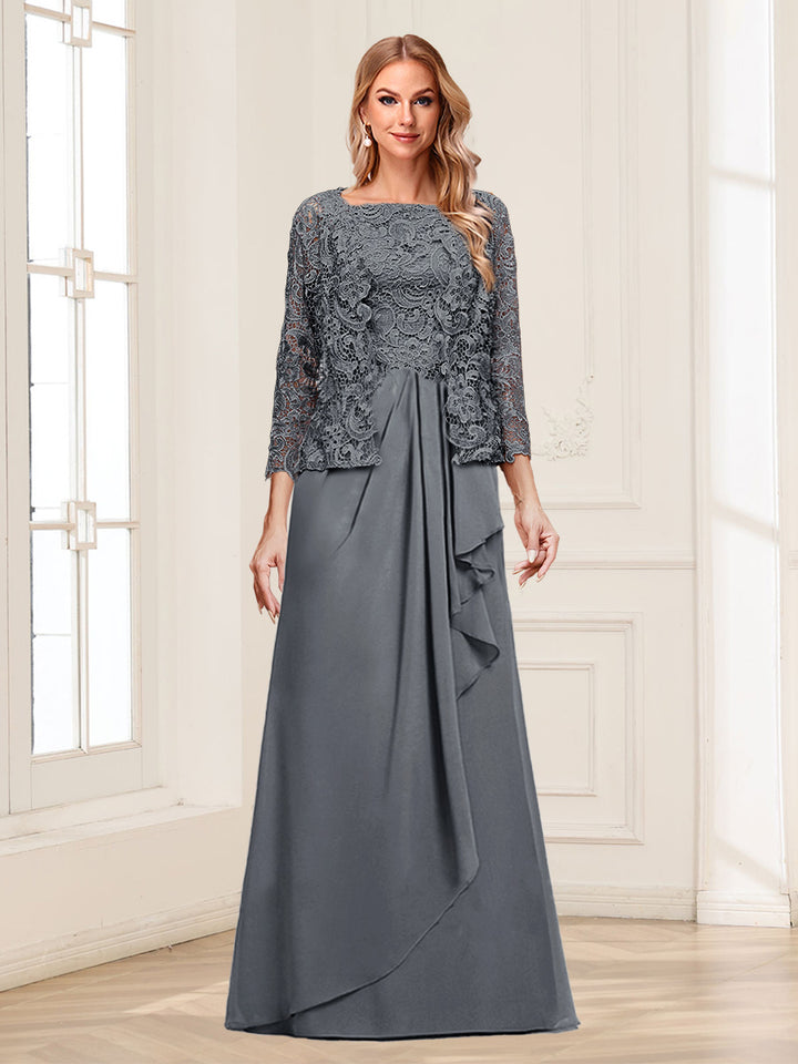 Lace Chiffon Square Neck 3/4 Sleeves 2 Pieces Mother of the Bride Dresses with Appliques &amp; Jacket