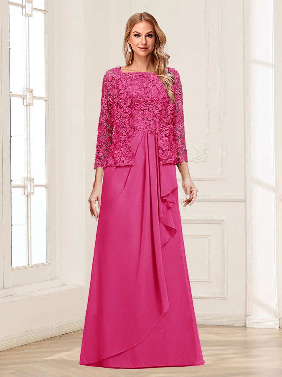 Lace Chiffon Square Neck 3/4 Sleeves 2 Pieces Mother of the Bride Dresses with Appliques &amp; Jacket