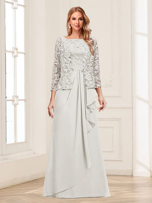 Lace Chiffon Square Neck 3/4 Sleeves 2 Pieces Mother of the Bride Dresses with Appliques & Jacket