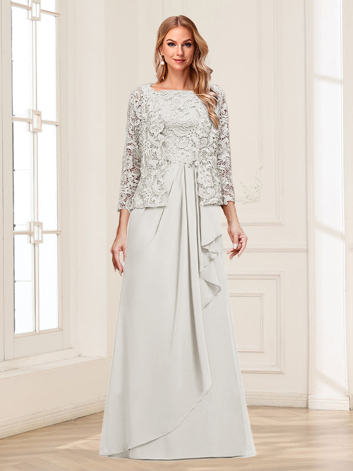 Lace Chiffon Square Neck 3/4 Sleeves 2 Pieces Mother of the Bride Dresses with Appliques &amp; Jacket