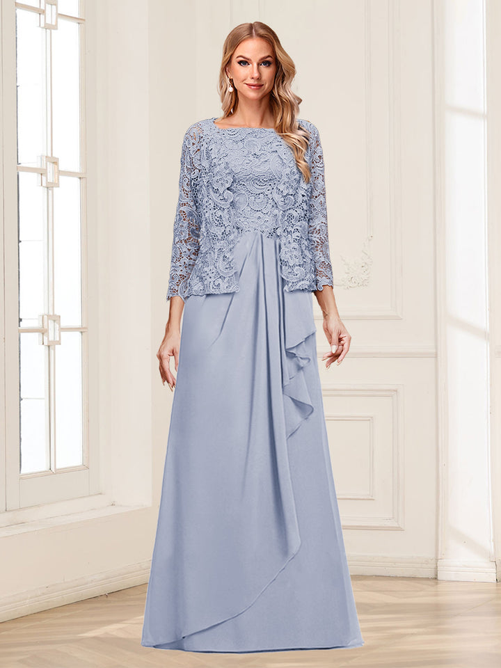 Lace Chiffon Square Neck 3/4 Sleeves 2 Pieces Mother of the Bride Dresses with Appliques &amp; Jacket