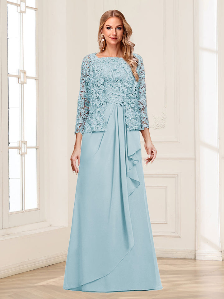 Lace Chiffon Square Neck 3/4 Sleeves 2 Pieces Mother of the Bride Dresses with Appliques &amp; Jacket