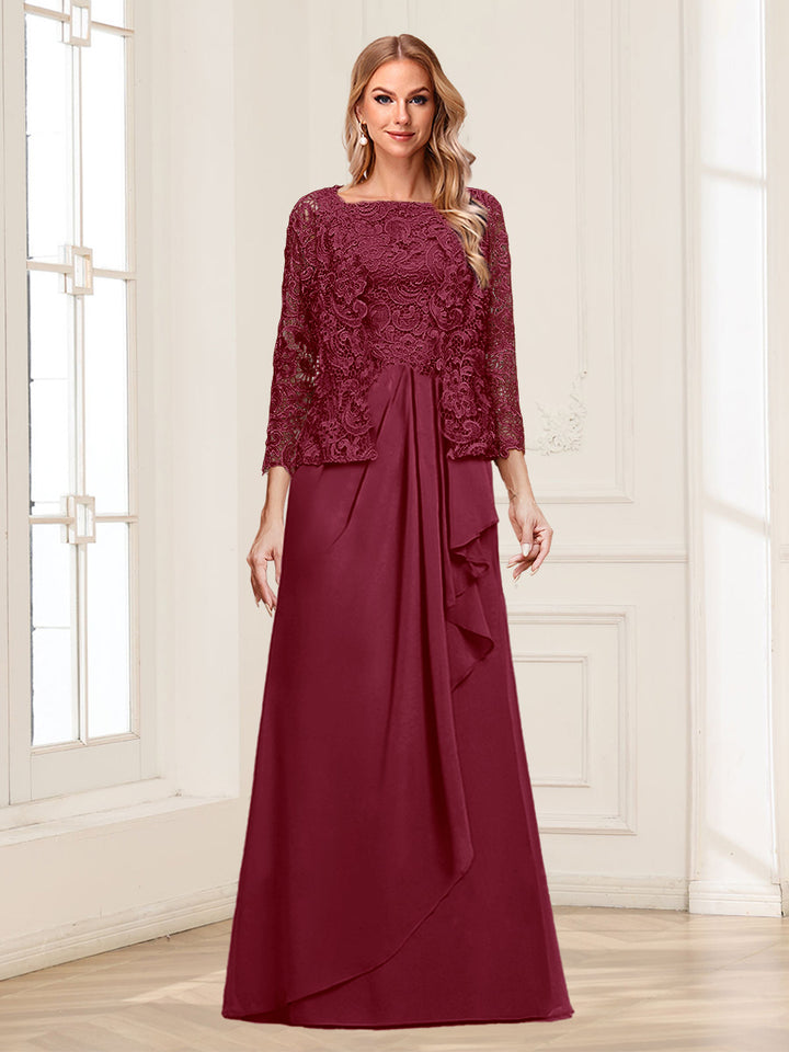 Lace Chiffon Square Neck 3/4 Sleeves 2 Pieces Mother of the Bride Dresses with Appliques &amp; Jacket