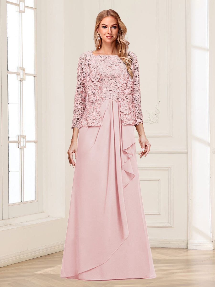 Lace Chiffon Square Neck 3/4 Sleeves 2 Pieces Mother of the Bride Dresses with Appliques &amp; Jacket