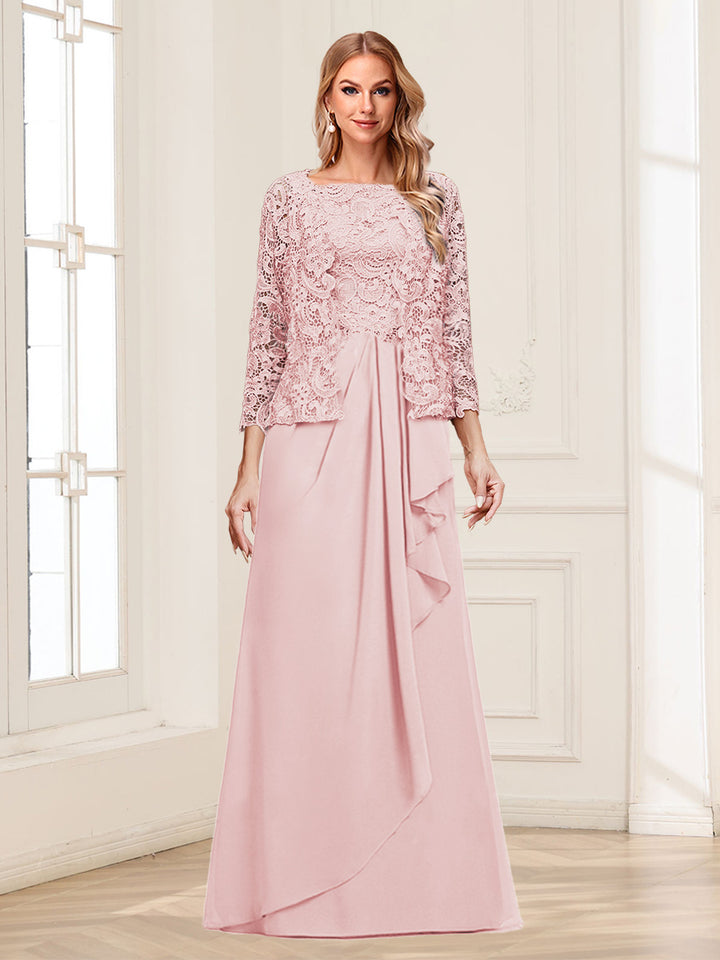 Lace Chiffon Square Neck 3/4 Sleeves 2 Pieces Mother of the Bride Dresses with Appliques &amp; Jacket