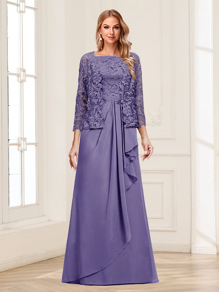 Lace Chiffon Square Neck 3/4 Sleeves 2 Pieces Mother of the Bride Dresses with Appliques &amp; Jacket