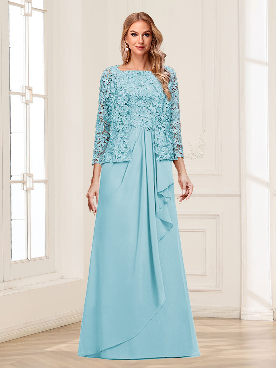 Lace Chiffon Square Neck 3/4 Sleeves 2 Pieces Mother of the Bride Dresses with Appliques &amp; Jacket