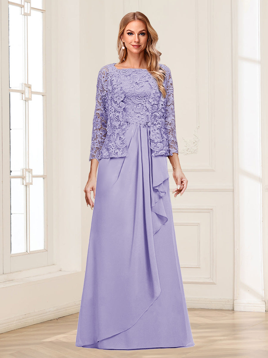Lace Chiffon Square Neck 3/4 Sleeves 2 Pieces Mother of the Bride Dresses with Appliques &amp; Jacket