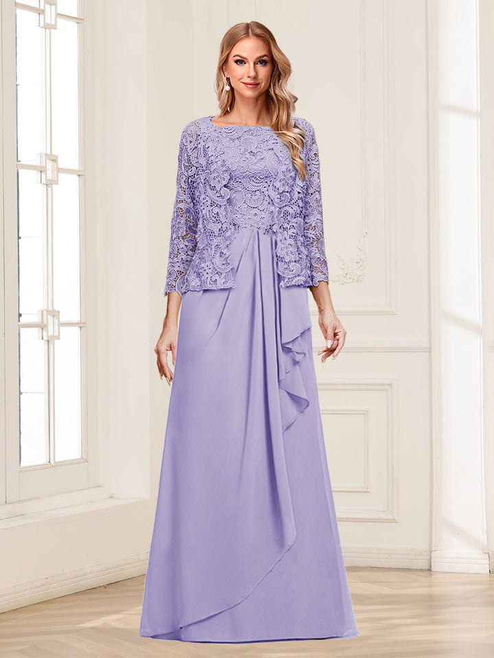 Lace Chiffon Square Neck 3/4 Sleeves 2 Pieces Mother of the Bride Dresses with Appliques &amp; Jacket