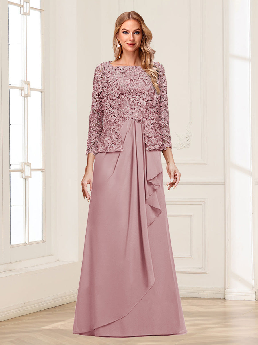 Lace Chiffon Square Neck 3/4 Sleeves 2 Pieces Mother of the Bride Dresses with Appliques &amp; Jacket
