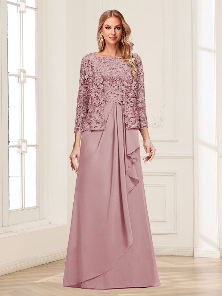 Lace Chiffon Square Neck 3/4 Sleeves 2 Pieces Mother of the Bride Dresses with Appliques &amp; Jacket