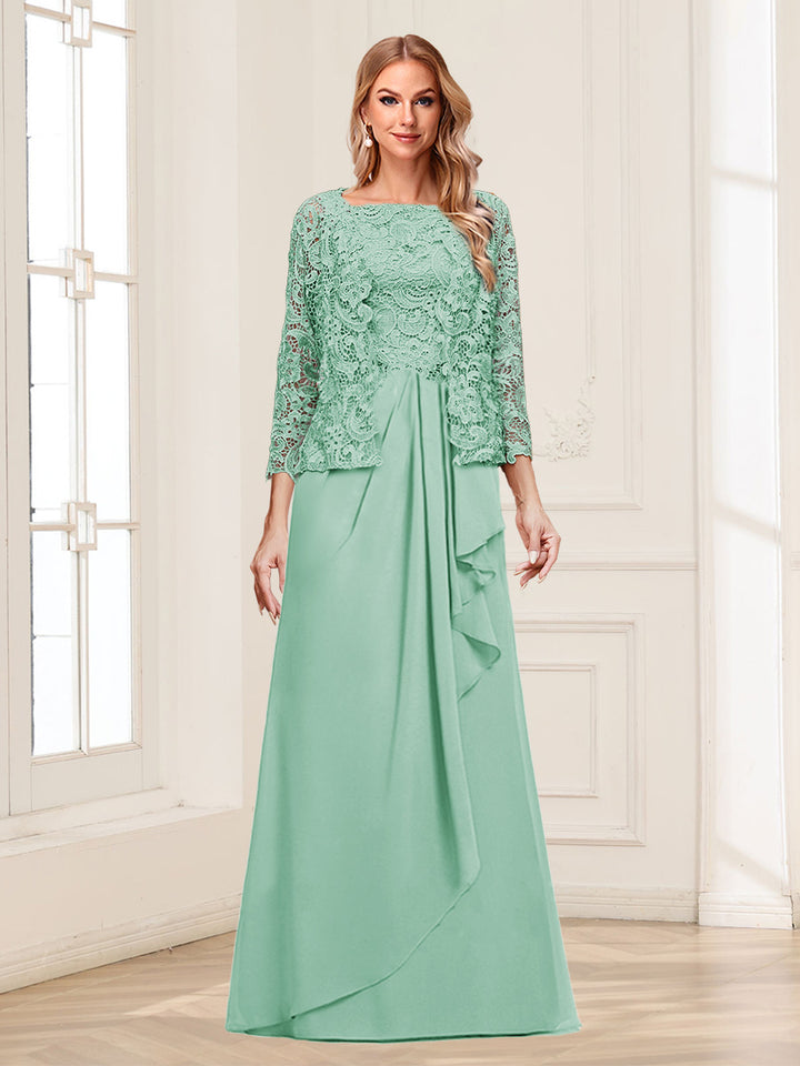 Lace Chiffon Square Neck 3/4 Sleeves 2 Pieces Mother of the Bride Dresses with Appliques &amp; Jacket
