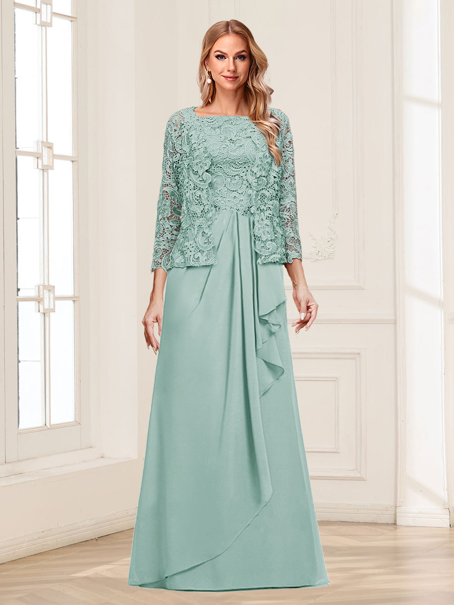 Lace Chiffon Square Neck 3/4 Sleeves 2 Pieces Mother of the Bride Dresses with Appliques &amp; Jacket