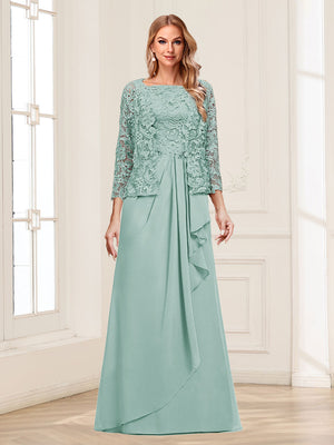 Lace Chiffon Square Neck 3/4 Sleeves 2 Pieces Mother of the Bride Dresses with Appliques & Jacket