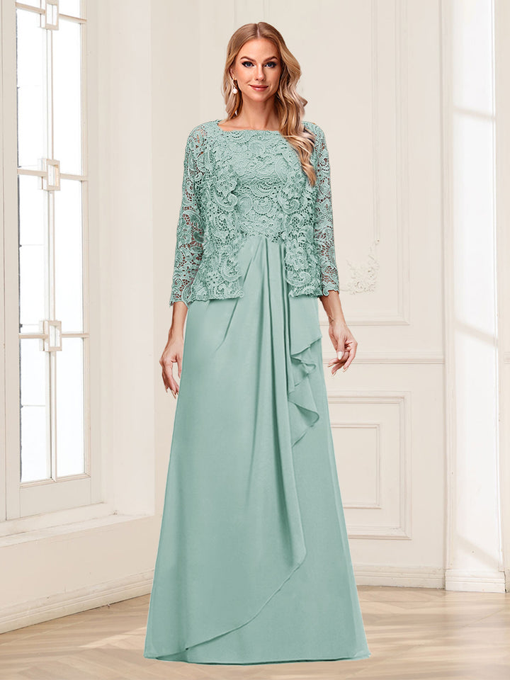 Lace Chiffon Square Neck 3/4 Sleeves 2 Pieces Mother of the Bride Dresses with Appliques &amp; Jacket