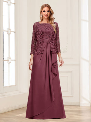 Lace Chiffon Square Neck 3/4 Sleeves 2 Pieces Mother of the Bride Dresses with Appliques & Jacket