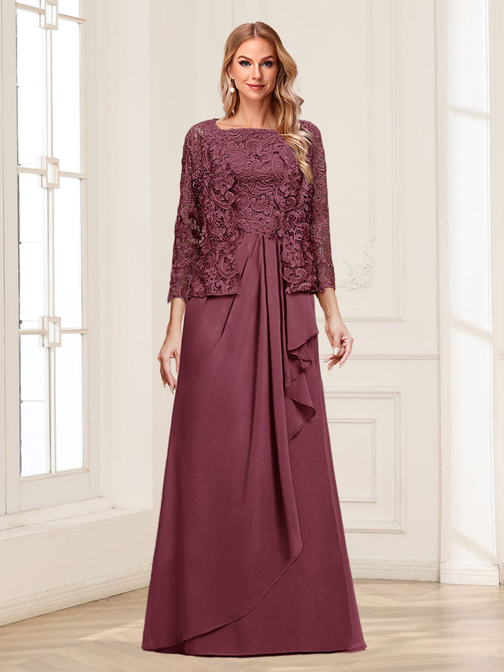 Lace Chiffon Square Neck 3/4 Sleeves 2 Pieces Mother of the Bride Dresses with Appliques &amp; Jacket