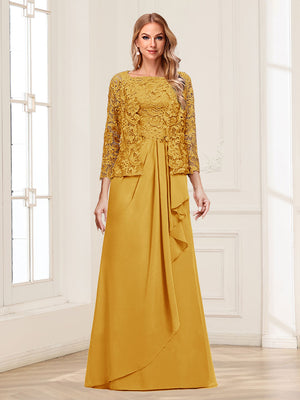 Lace Chiffon Square Neck 3/4 Sleeves 2 Pieces Mother of the Bride Dresses with Appliques & Jacket