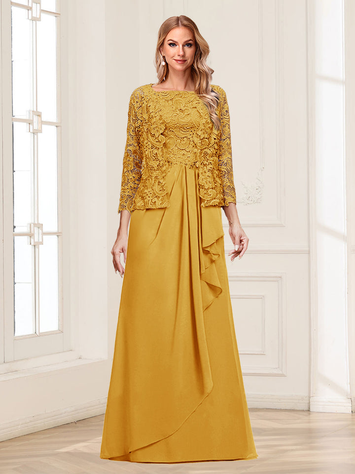 Lace Chiffon Square Neck 3/4 Sleeves 2 Pieces Mother of the Bride Dresses with Appliques &amp; Jacket