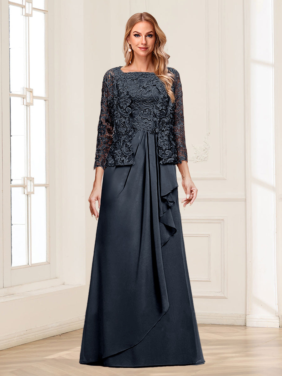 Lace Chiffon Square Neck 3/4 Sleeves 2 Pieces Mother of the Bride Dresses with Appliques &amp; Jacket