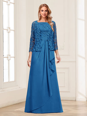 Lace Chiffon Square Neck 3/4 Sleeves 2 Pieces Mother of the Bride Dresses with Appliques & Jacket