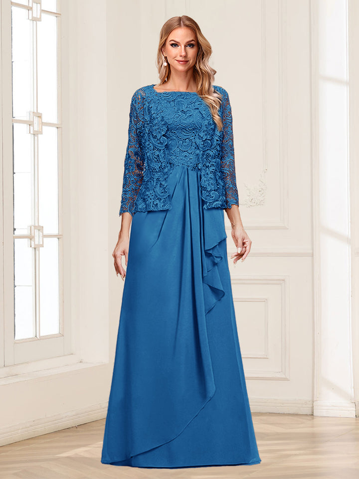 Lace Chiffon Square Neck 3/4 Sleeves 2 Pieces Mother of the Bride Dresses with Appliques &amp; Jacket