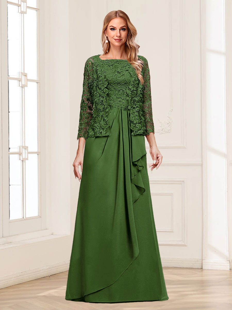 Lace Chiffon Square Neck 3/4 Sleeves 2 Pieces Mother of the Bride Dresses with Appliques &amp; Jacket