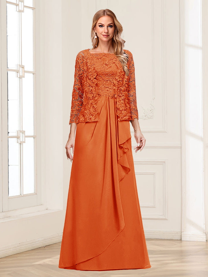 Lace Chiffon Square Neck 3/4 Sleeves 2 Pieces Mother of the Bride Dresses with Appliques &amp; Jacket