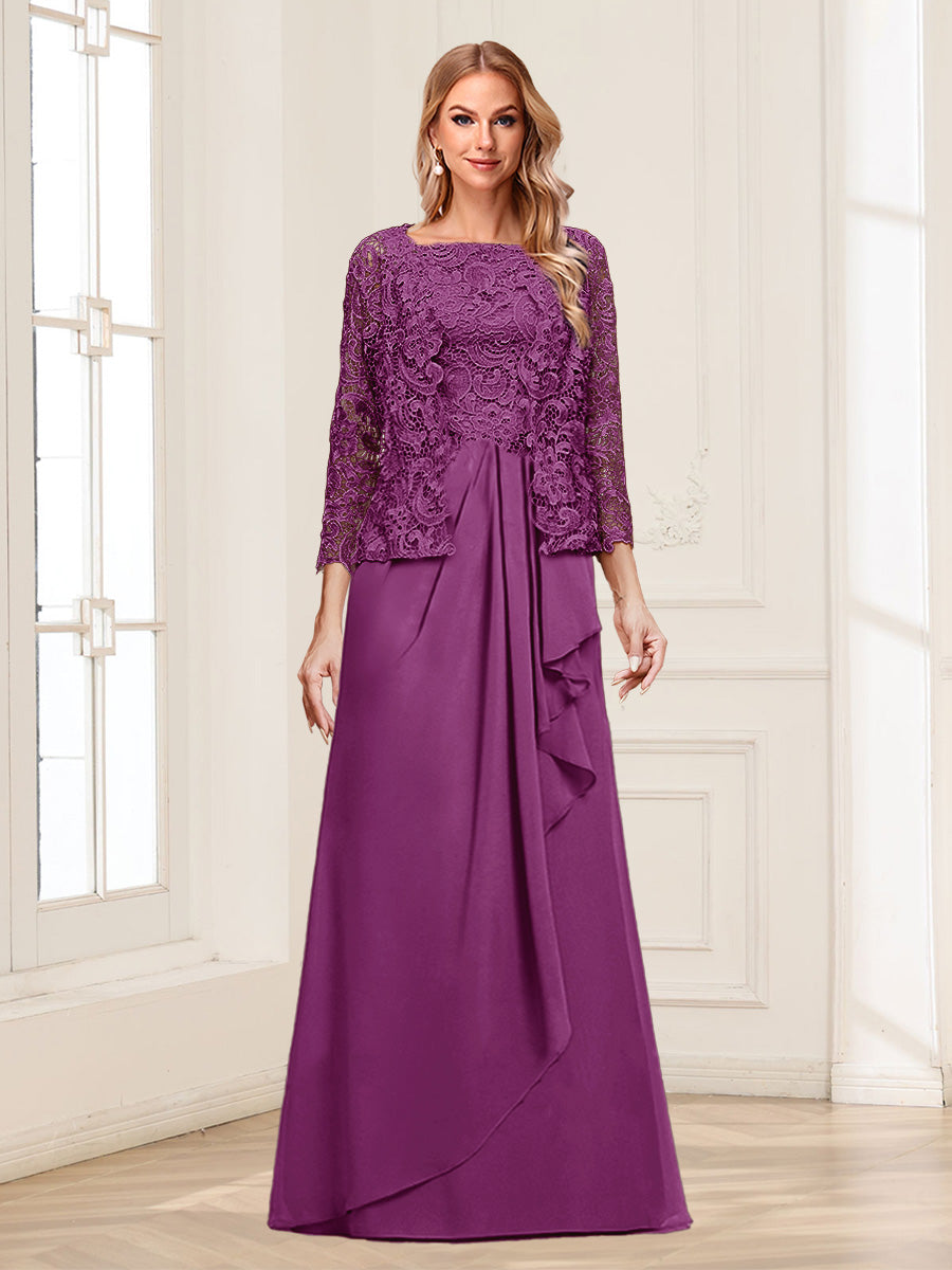 Lace Chiffon Square Neck 3/4 Sleeves 2 Pieces Mother of the Bride Dresses with Appliques &amp; Jacket