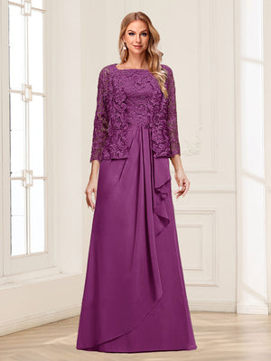 Lace Chiffon Square Neck 3/4 Sleeves 2 Pieces Mother of the Bride Dresses with Appliques & Jacket