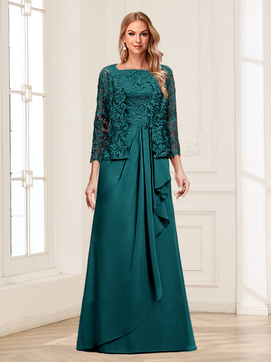 Lace Chiffon Square Neck 3/4 Sleeves 2 Pieces Mother of the Bride Dresses with Appliques &amp; Jacket