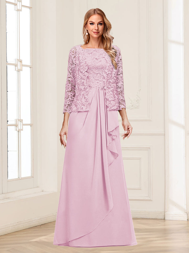 Lace Chiffon Square Neck 3/4 Sleeves 2 Pieces Mother of the Bride Dresses with Appliques &amp; Jacket