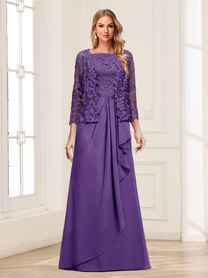 Lace Chiffon Square Neck 3/4 Sleeves 2 Pieces Mother of the Bride Dresses with Appliques & Jacket