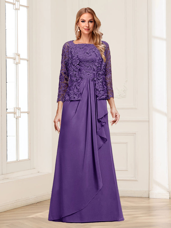 Lace Chiffon Square Neck 3/4 Sleeves 2 Pieces Mother of the Bride Dresses with Appliques &amp; Jacket