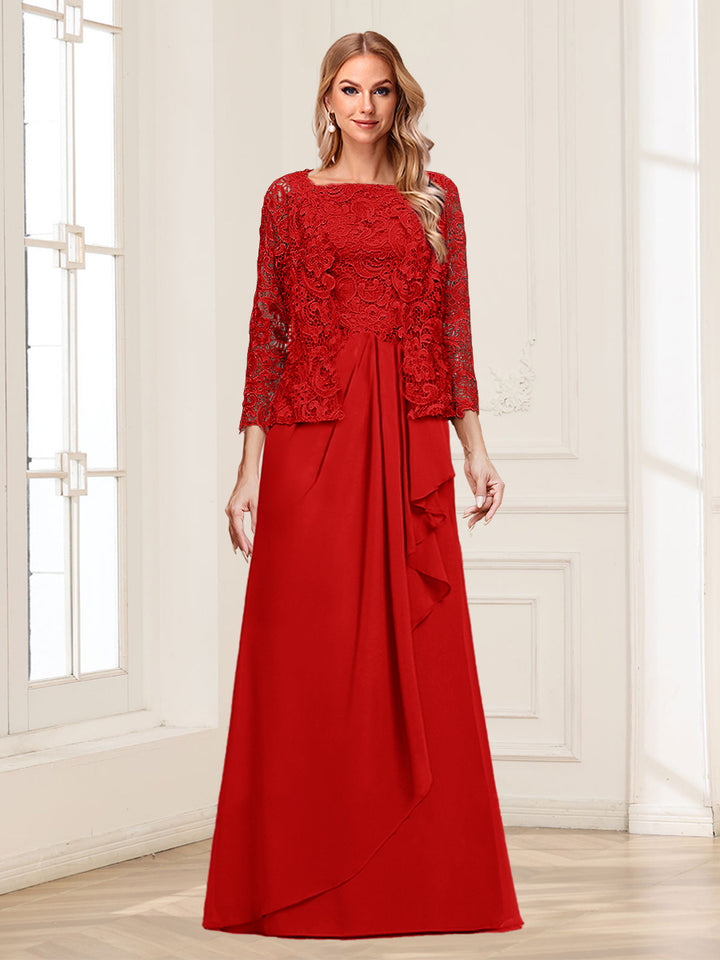Lace Chiffon Square Neck 3/4 Sleeves 2 Pieces Mother of the Bride Dresses with Appliques &amp; Jacket
