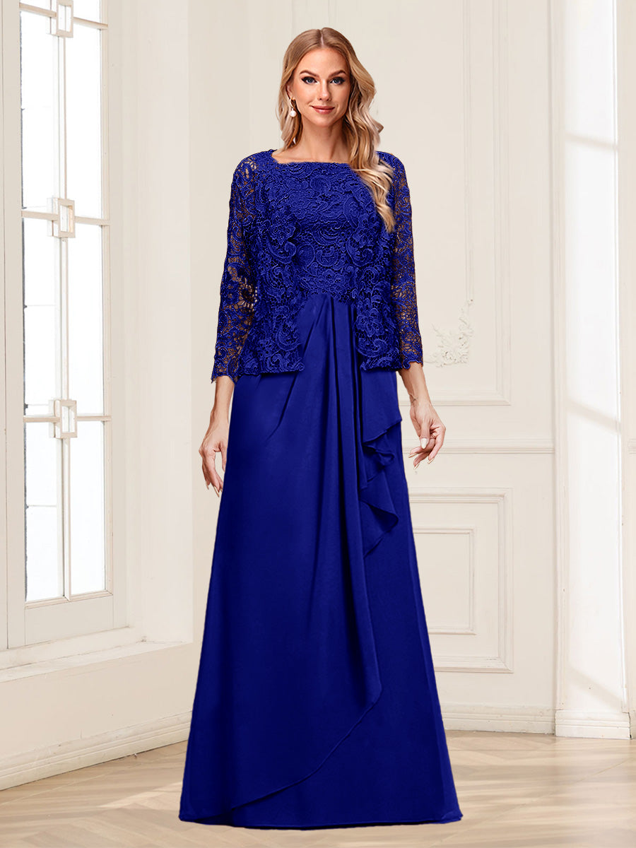 Lace Chiffon Square Neck 3/4 Sleeves 2 Pieces Mother of the Bride Dresses with Appliques &amp; Jacket