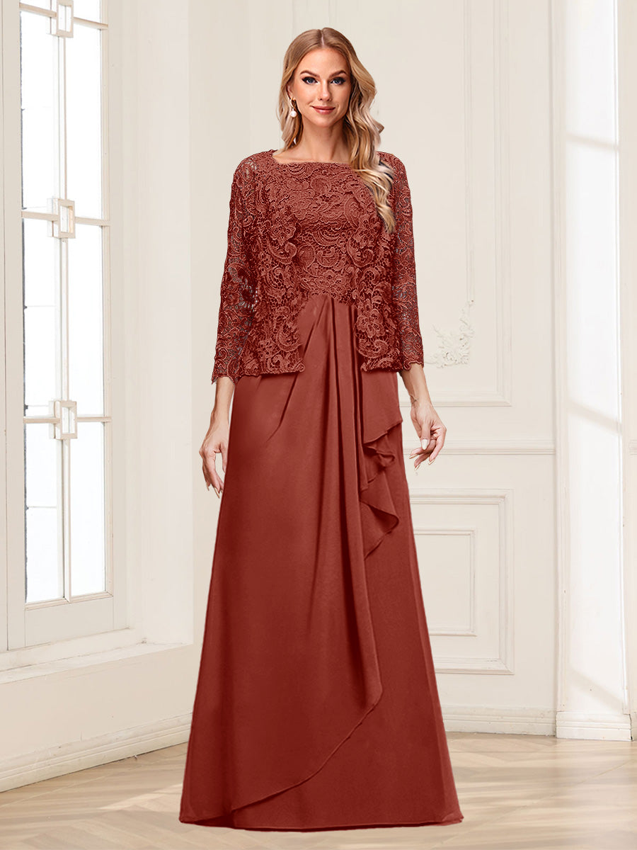 Lace Chiffon Square Neck 3/4 Sleeves 2 Pieces Mother of the Bride Dresses with Appliques &amp; Jacket